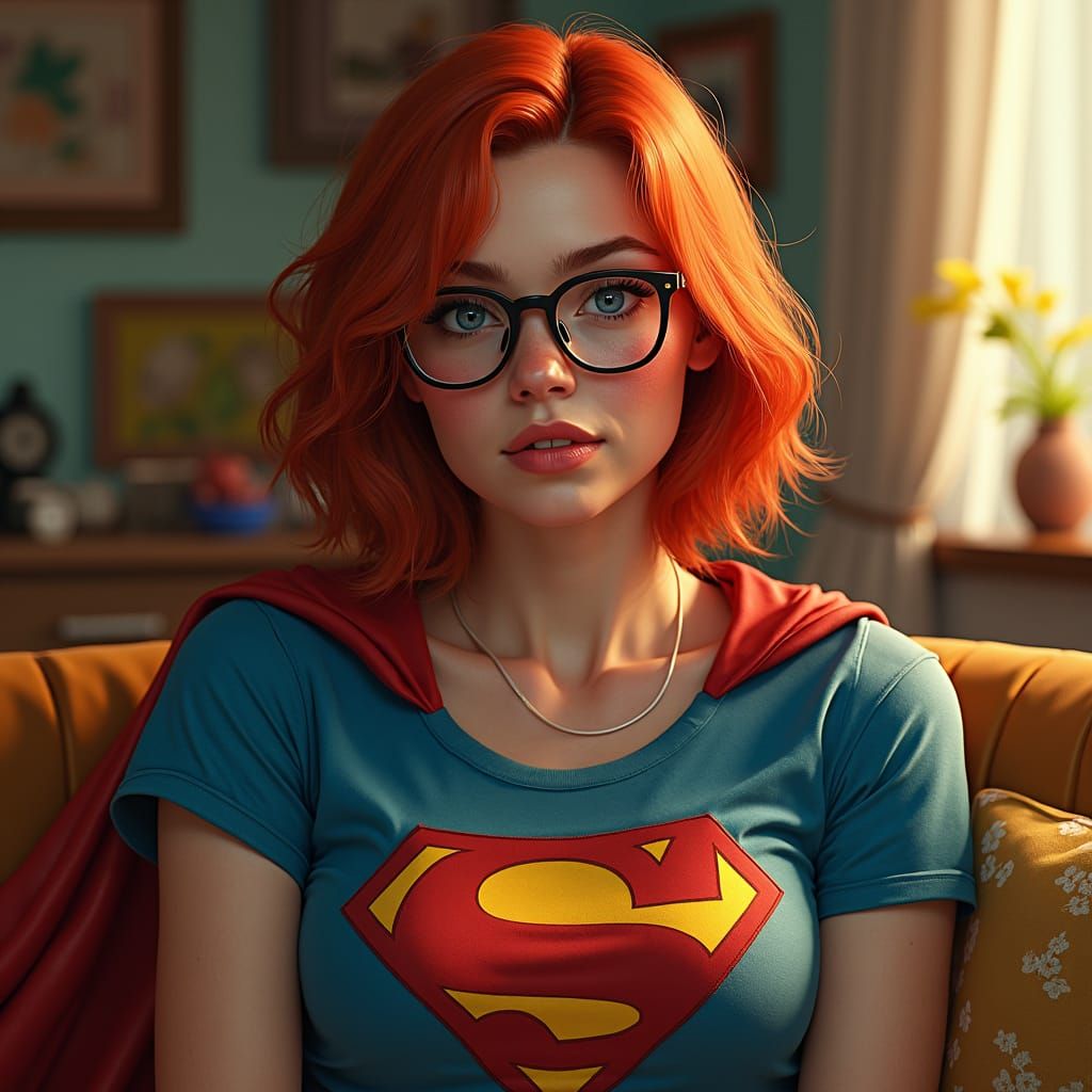 Elderly Redhead in Supergirl Shirt, Hyperrealistic Digital A...