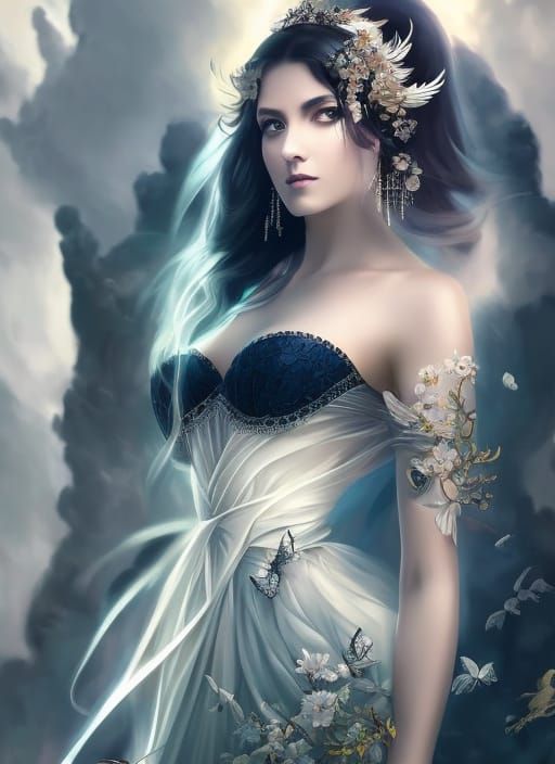 beautiful waist-up portrait at extreme low angle perspective...