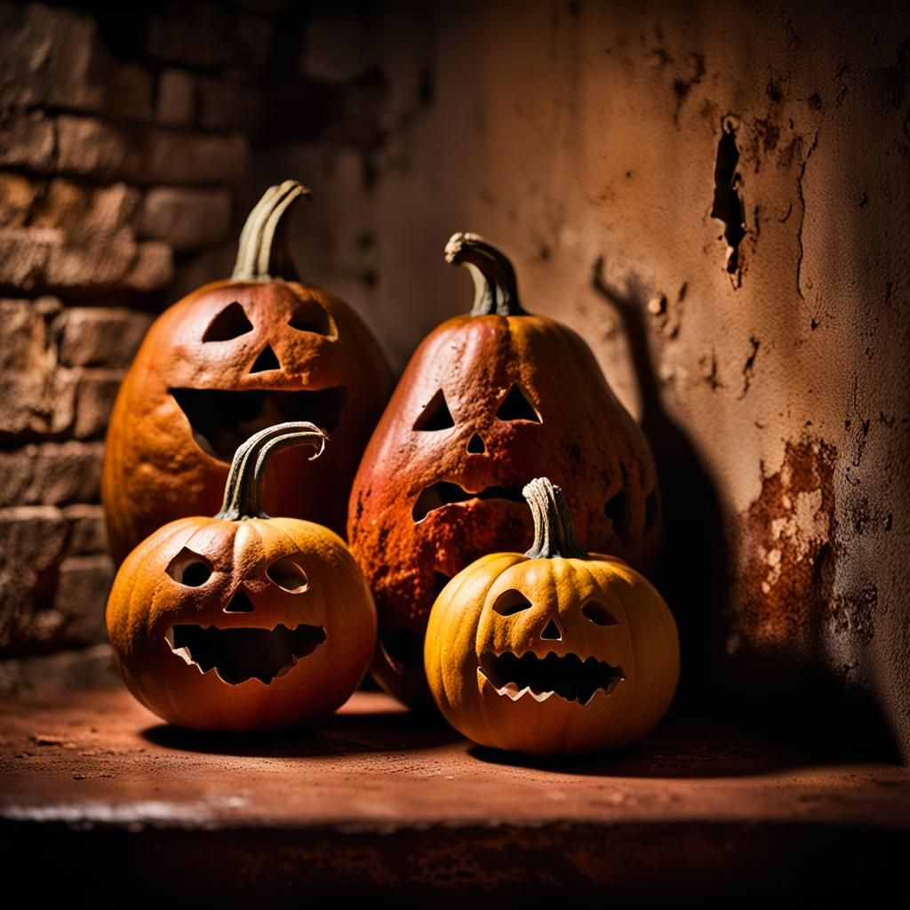 Terrified Gourds in Dimly Lit Basement: Macabre Still Life