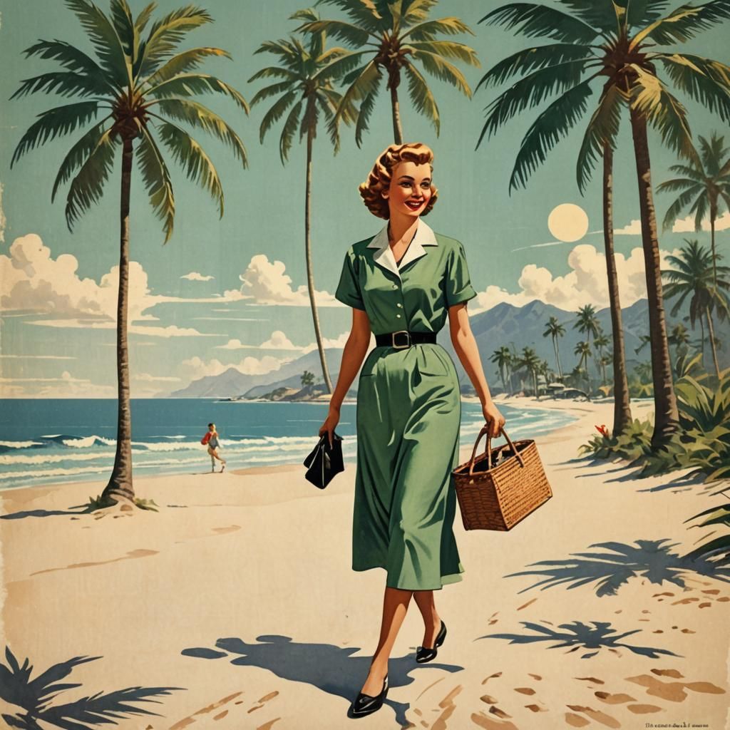Vintage Travel Poster Beach Scene with Woman