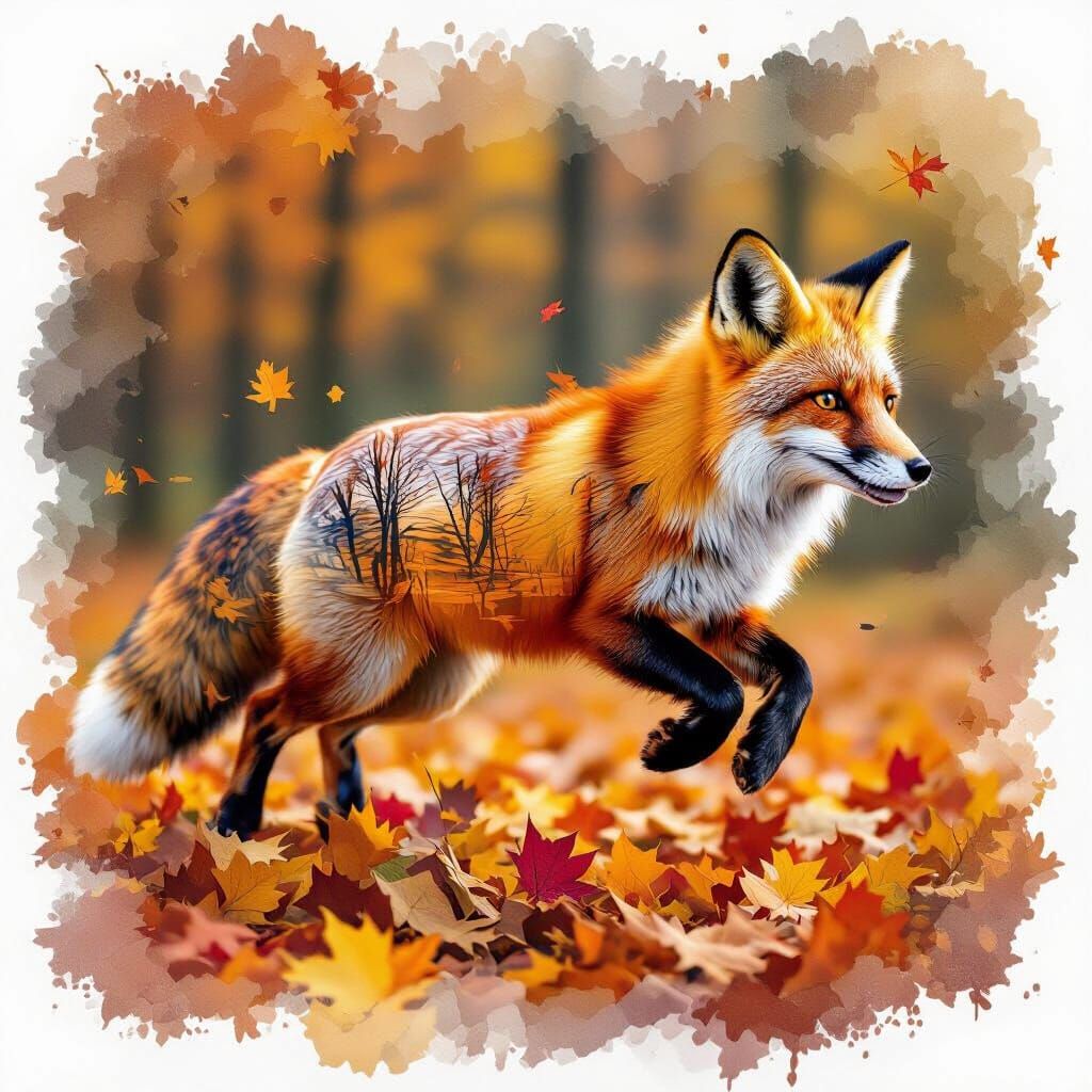 Surreal Fox Portrait With Autumn Landscape Double Exposure