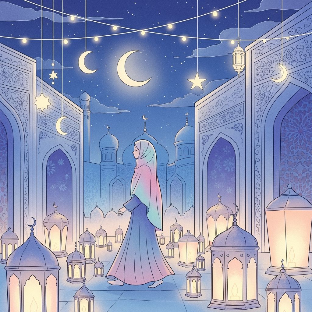Ramadan Night: Serene Woman with Glowing Lanterns