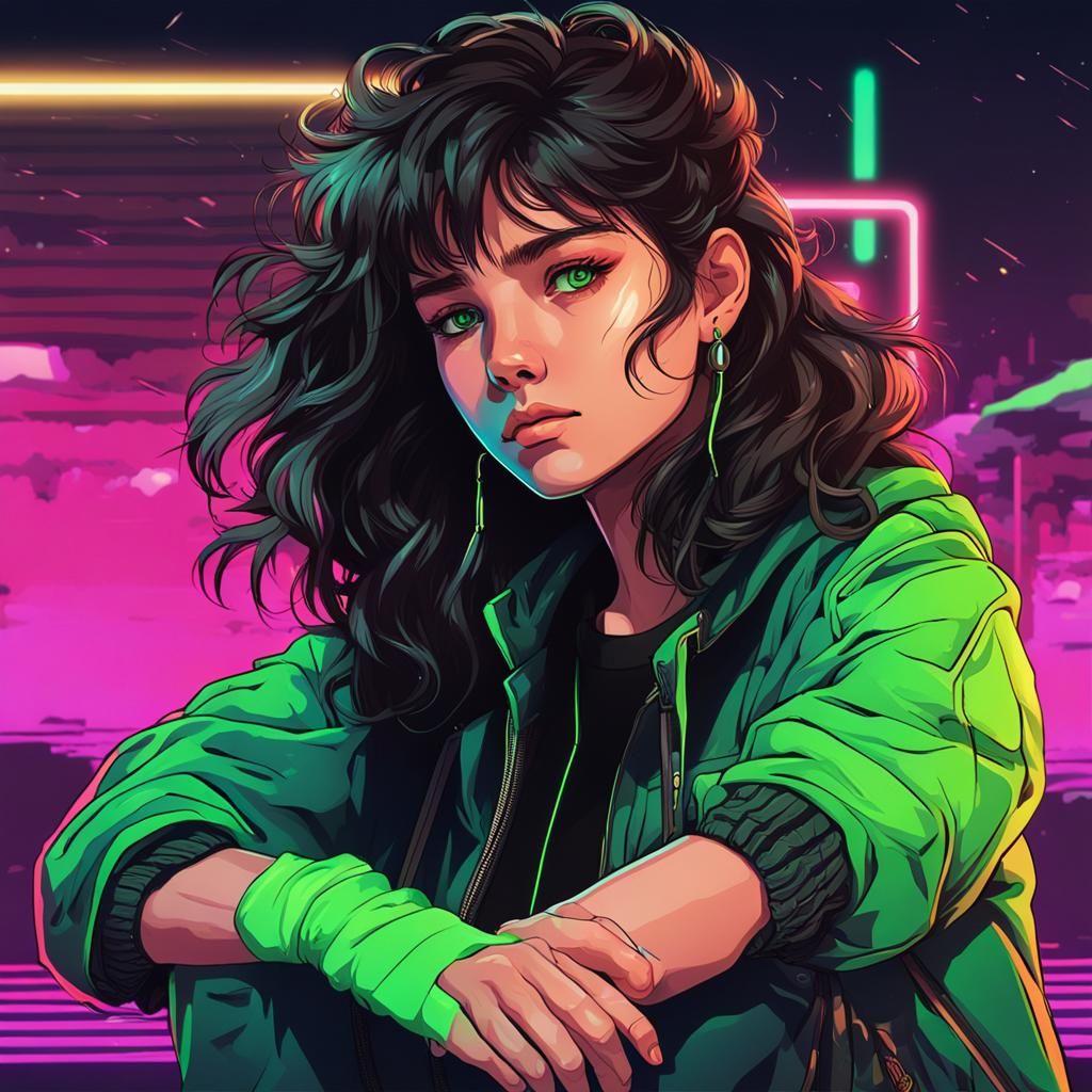 Synthwave Portrait of a Teenage Girl with Green Eyes