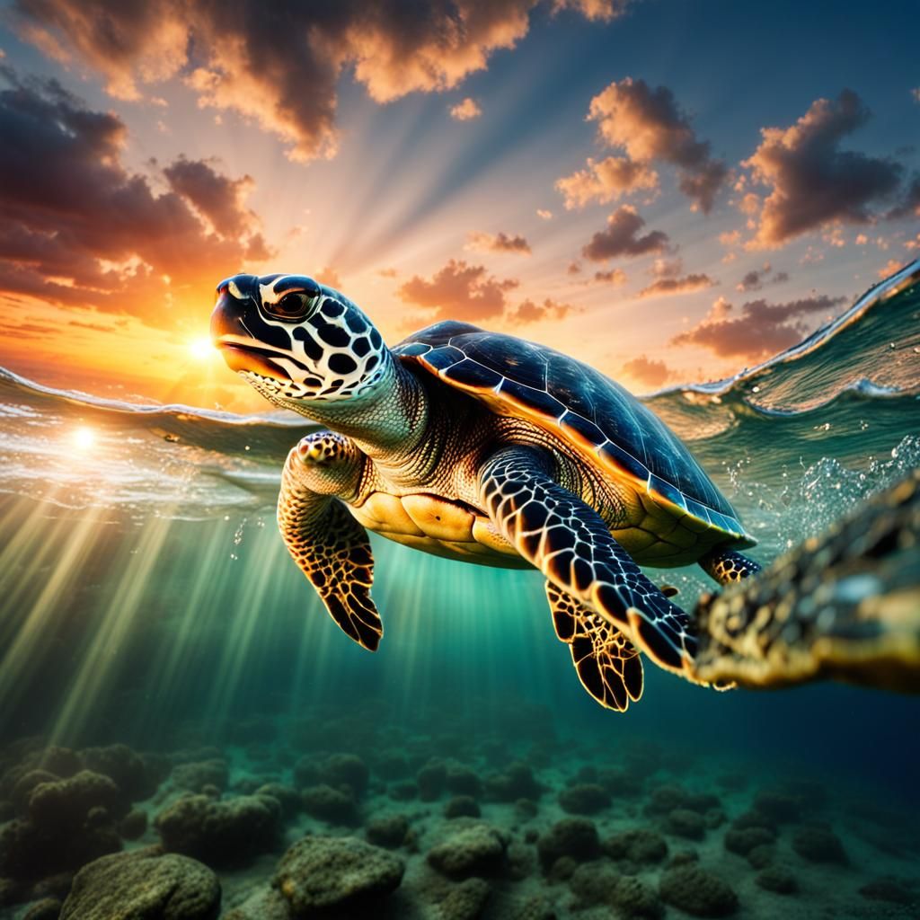 Turtle Swimming in Sunset: Hyperrealistic Ocean Scene