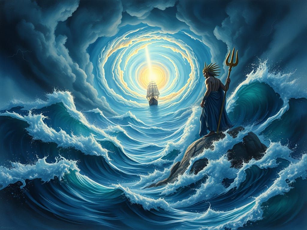 Majestic Poseidon Rides the Turbulent Sea in Dark Fantasy