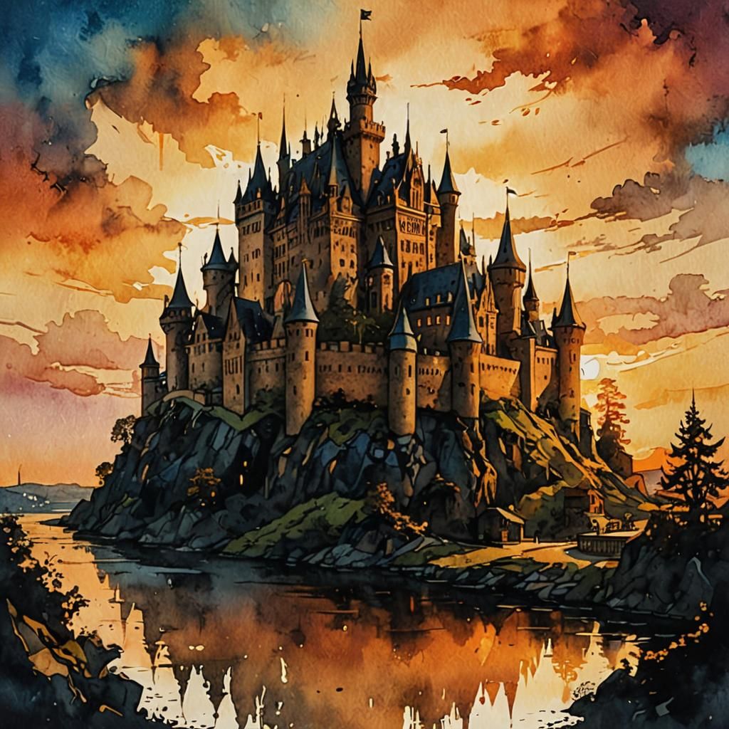 Steampunk Castle Silhouette at Golden Hour Sunset