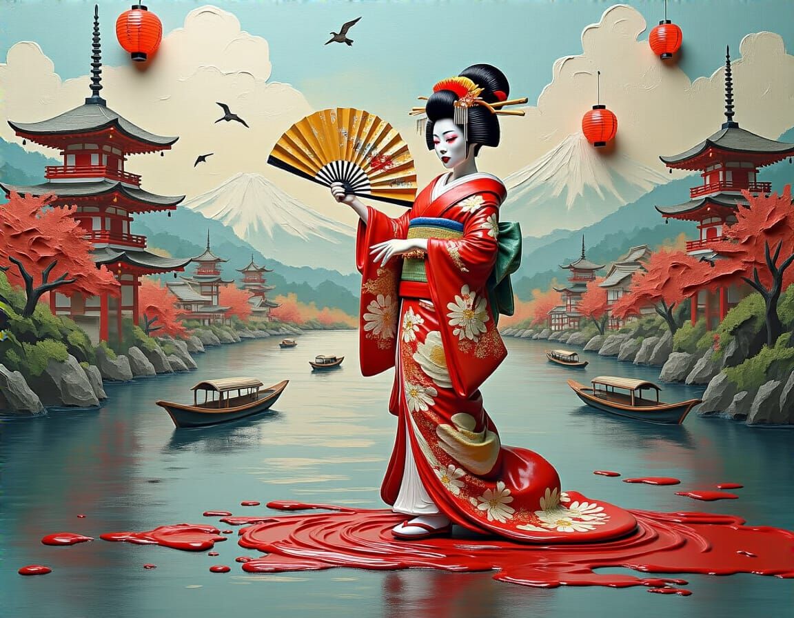 Geisha Dancing in Japanese Landscape as Textured Painting