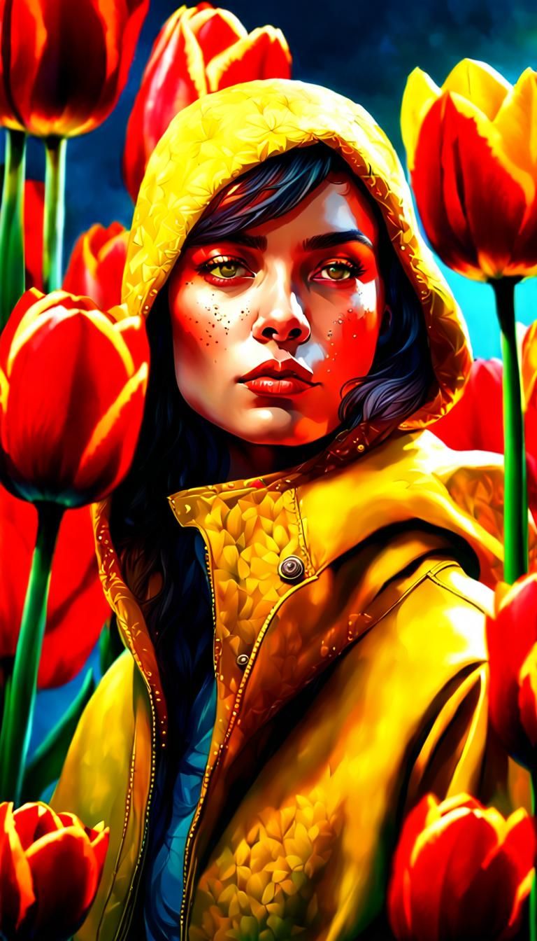 Woman in Yellow with Red Tulips: Detailed Portrait