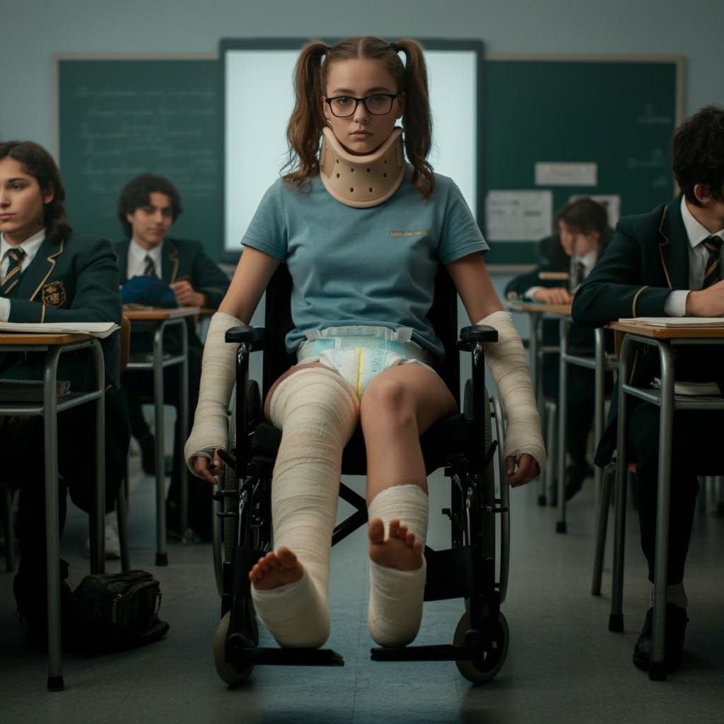 Girl in Body Cast, Classroom Scene in Cinematic Style