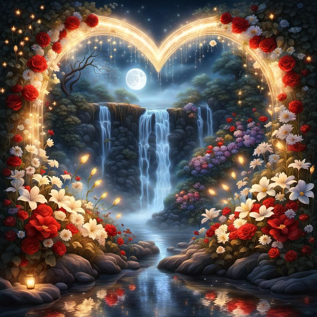 Floral Glass Heart Waterfall in Fantasy Setting