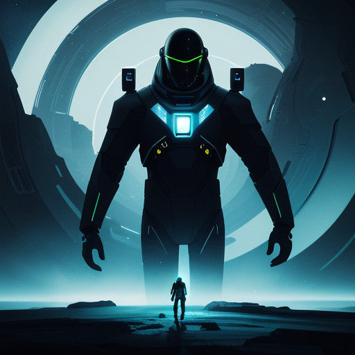 Futuristic Astronaut Before Ancient Alien Structure in Neon....