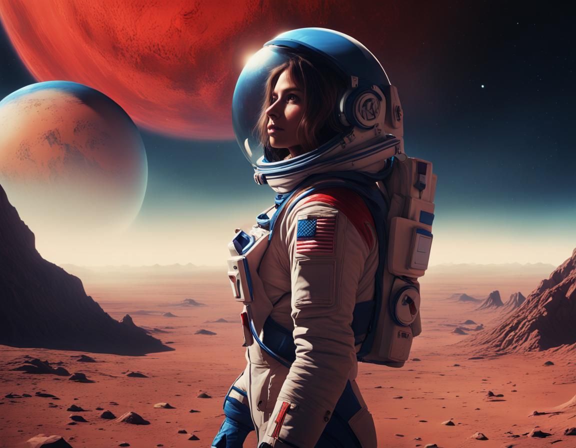 Astronaut on Red Planet with Earth-like Horizon