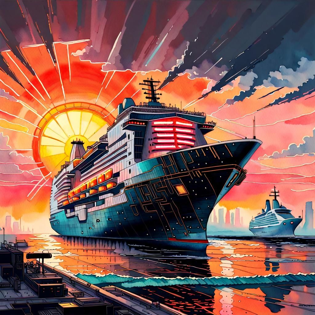 Cyberpunk Cruise Ship Sails Across Neon Horizon