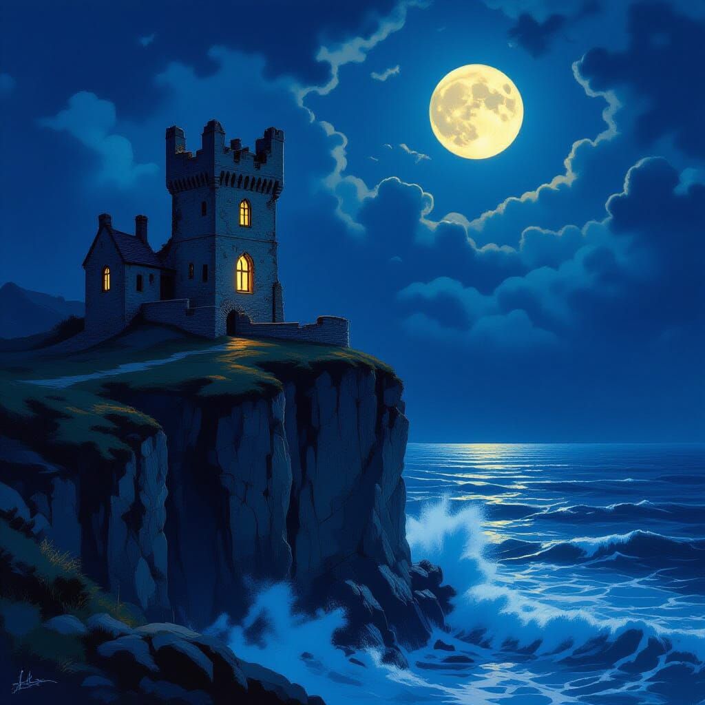 Moonlit Ruined Castle on Cliff in Fantasy Style