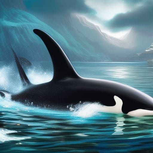 Orca in a Colorful Matte Painting Sea