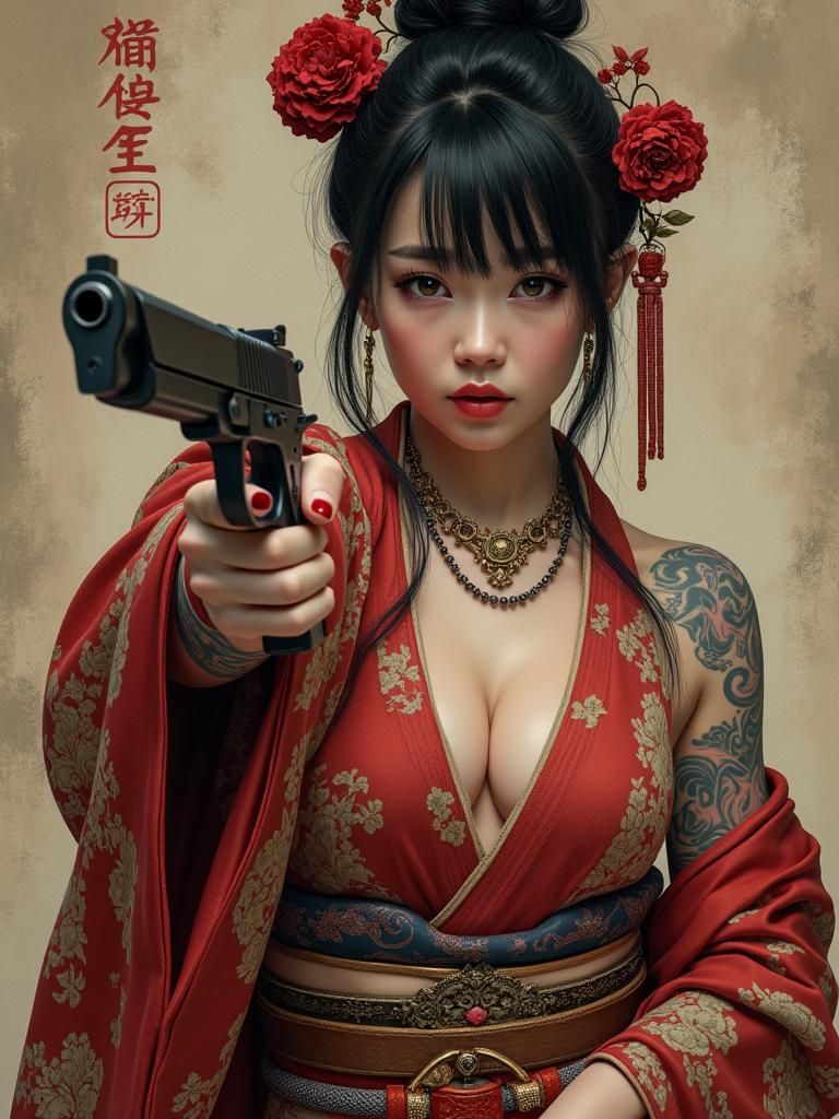 Tattooed Yakuza Woman with Gun, Digital Painting