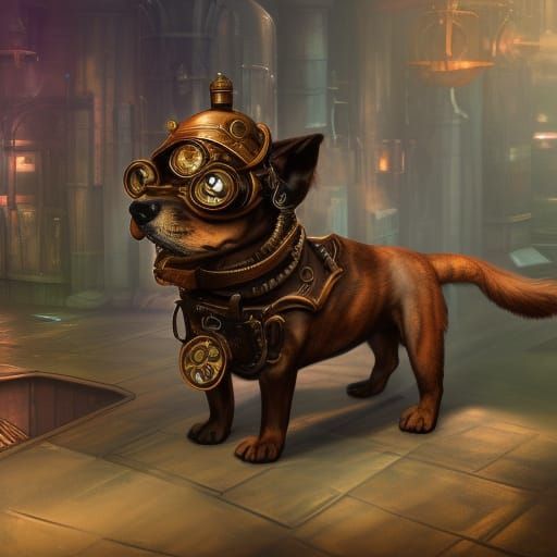 Steampunk Dog in Detailed Matte Painting Style