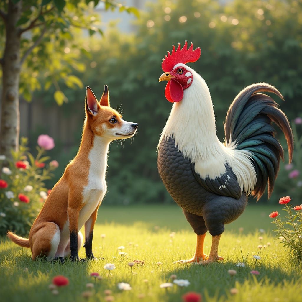 Fox Terrier and Chicken in Beatrix Potter Style