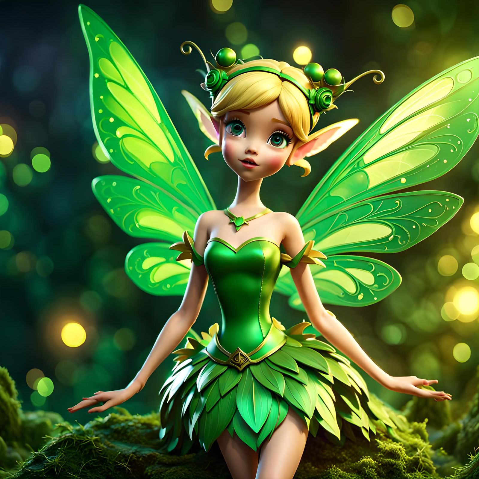 Mischievous Fairy with Green Wings, Fantasy Art