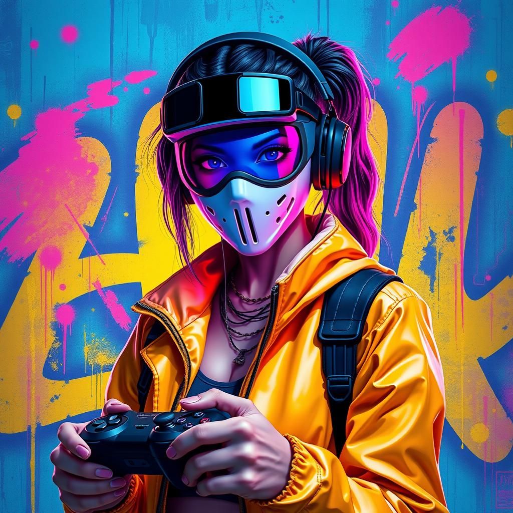 Neon Gamer Girl with Mask in Urban Graffiti Style