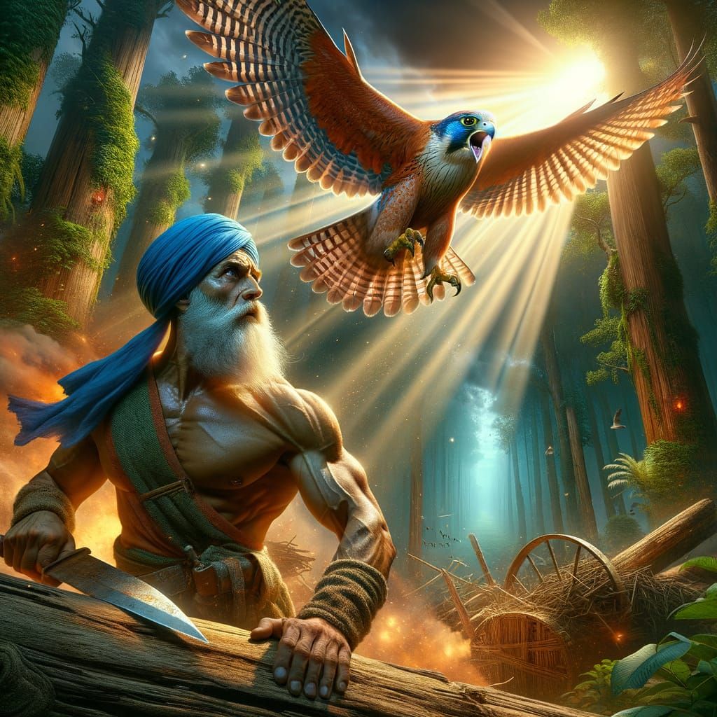 Surprised Woodcutter and Giant Falcon: Hyperrealistic Art