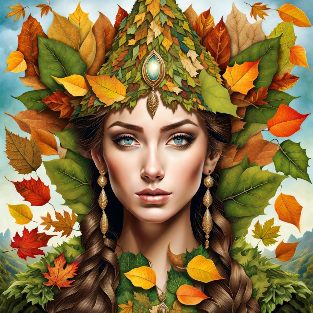 Leaf Mosaic Elf Portrait in Art Nouveau Style