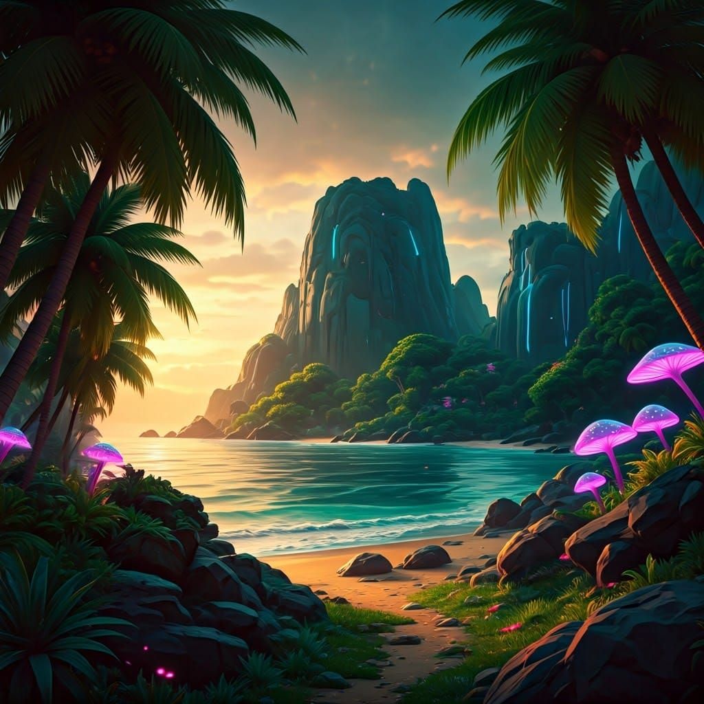 Glowing Tropical Island Sunset: Fantasy Concept Art