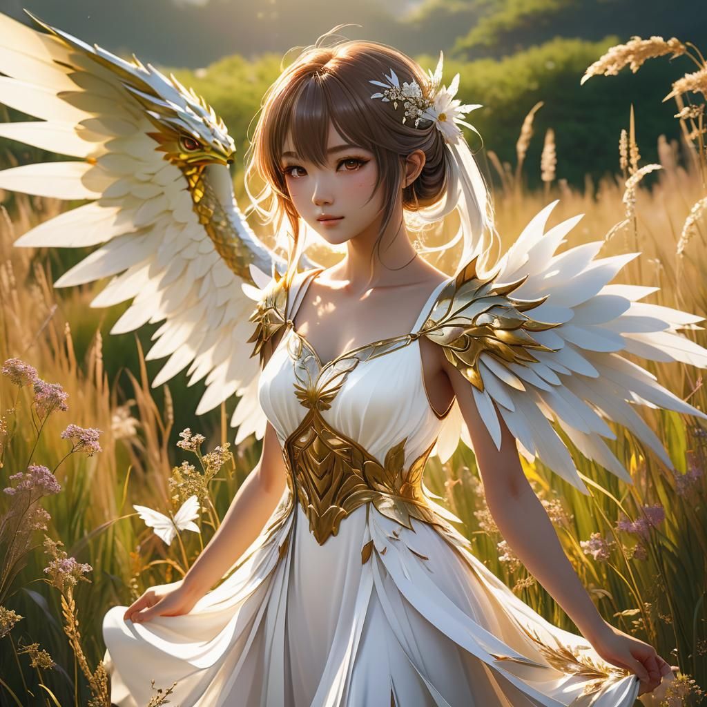Girl with Dragon Wings in Anime Style