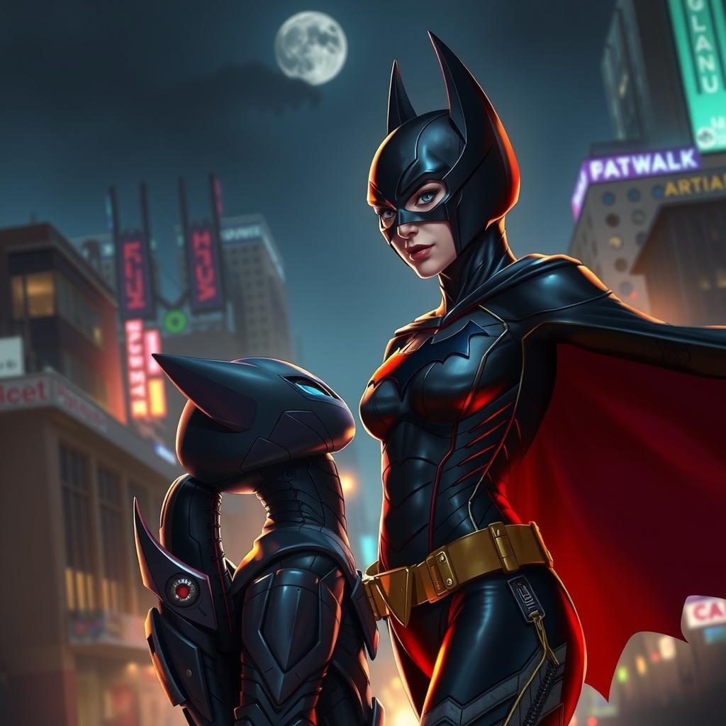 Batman-Girl in Cityscape, Comic Book Art