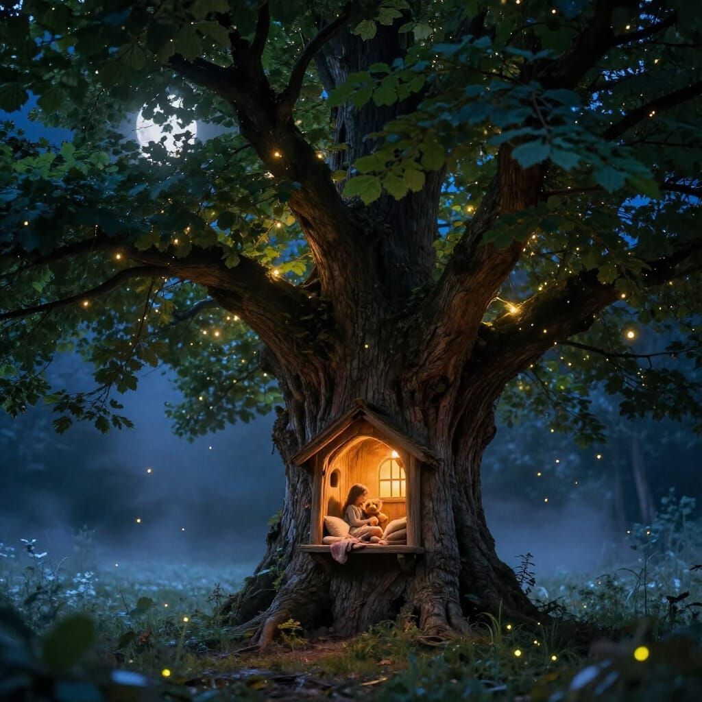 Magical Treehouse Home with Glowing Lights and Girl