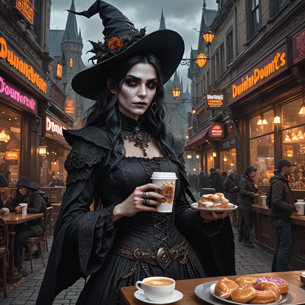 Gothic Witch Coffee Run: Dark Fantasy Concept Art