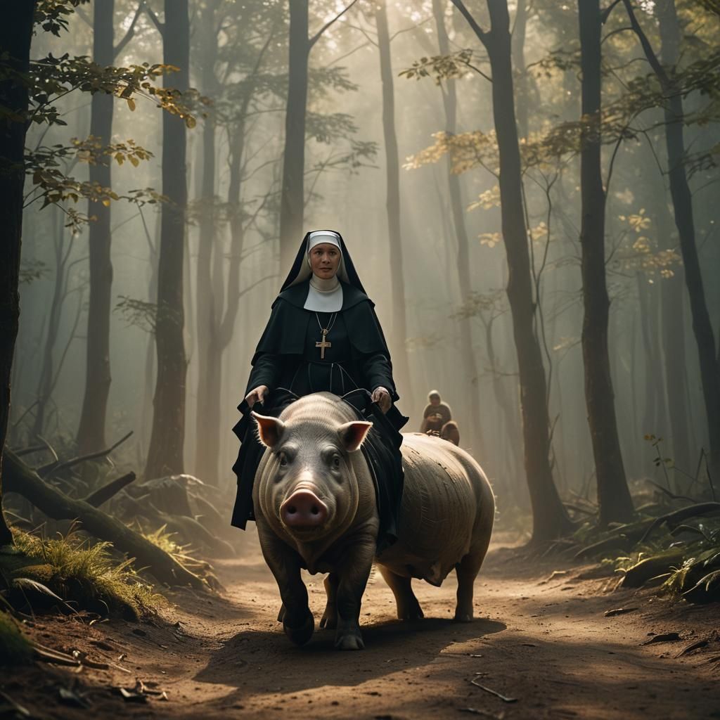 Nun Rides Giant Pig in Misty Forest