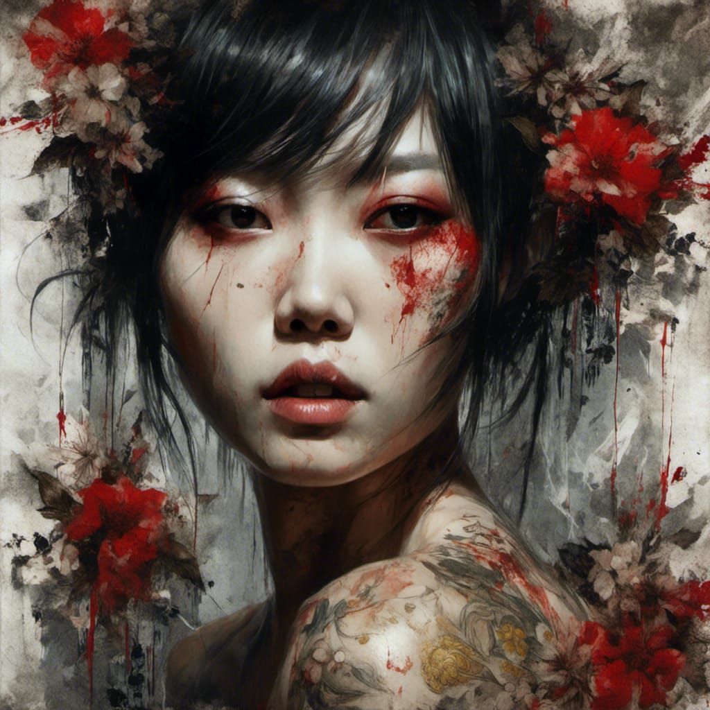 Asian Woman with Tattoo in Macabre Digital Art