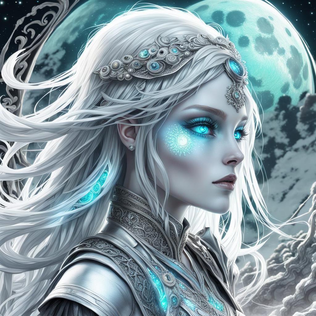 Bioluminescent Moonlit Portrait with Platinum Accents