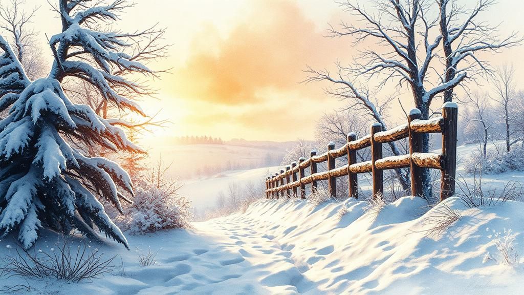 Icy Winter Landscape in Watercolor Ink Style