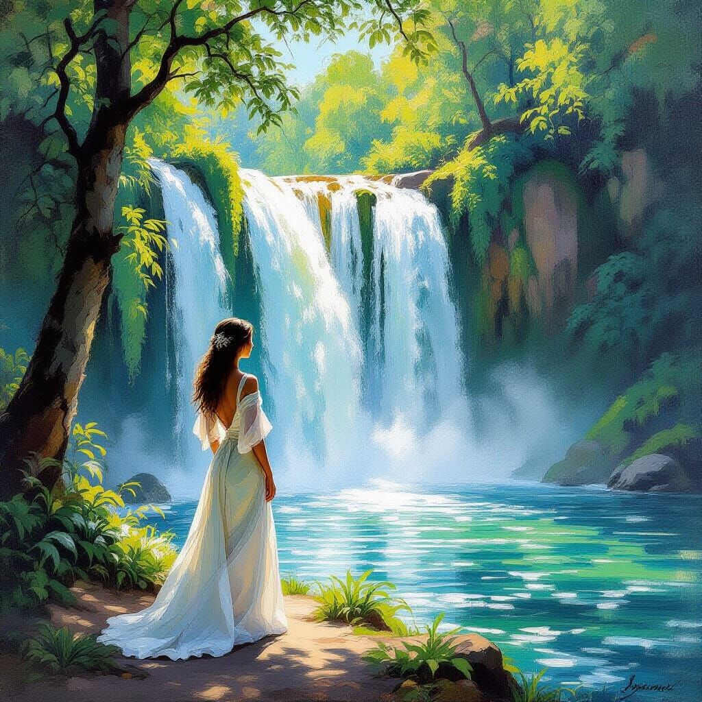 Woman by Waterfall in Classical Art Style