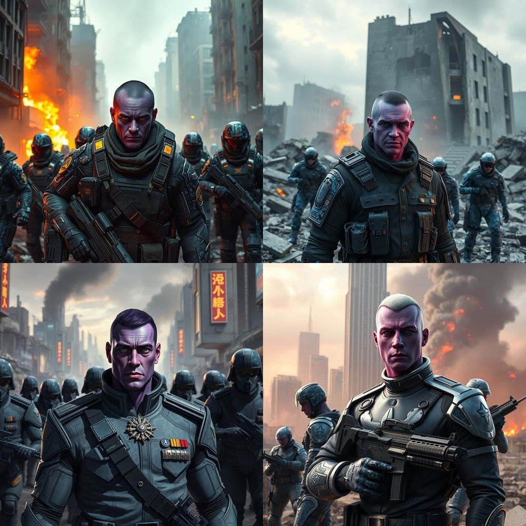 Cyberpunk Military Officer in War-Torn Urban Landscape