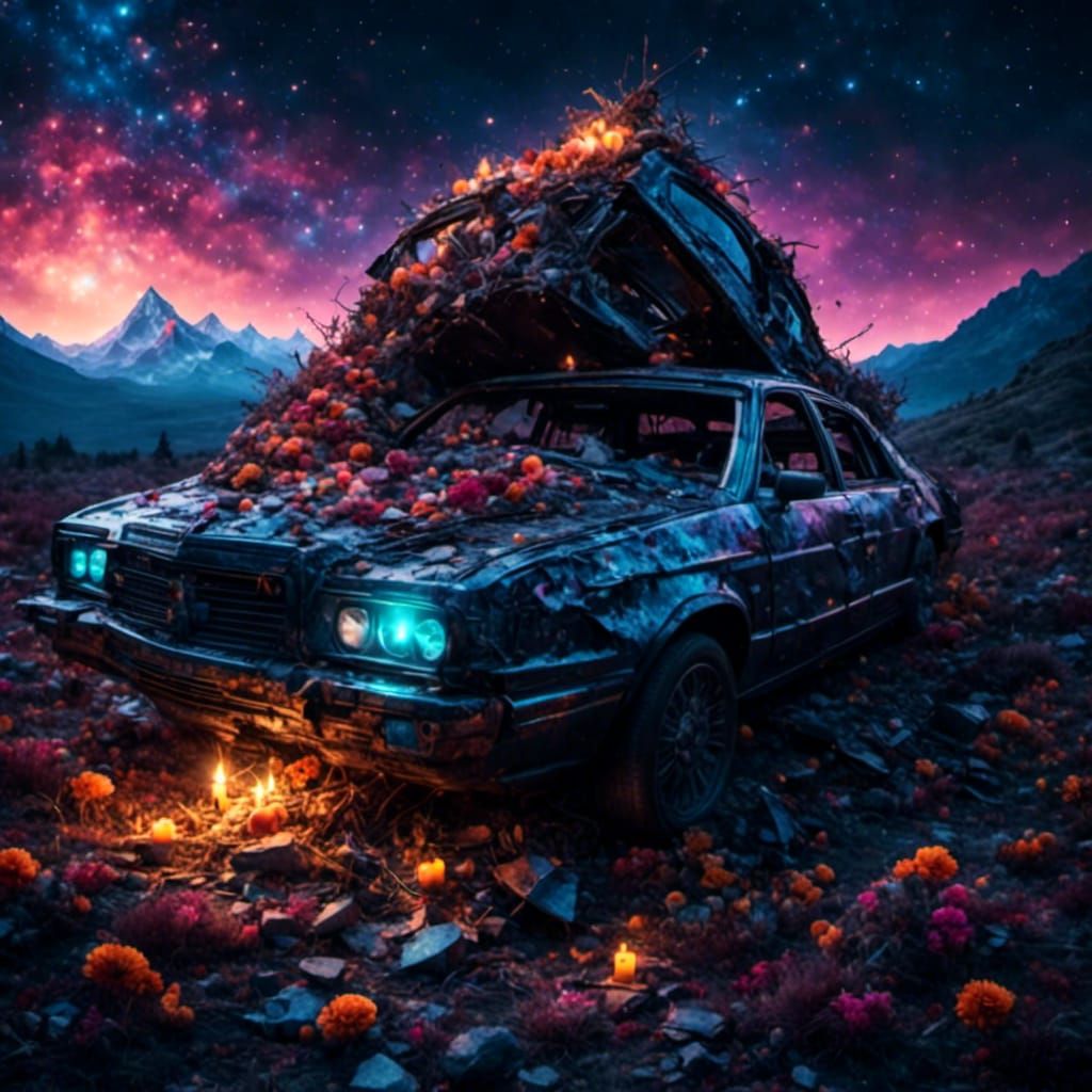 Tragic DUI Car Crash: Hyperrealism and Ethereal Sparkles