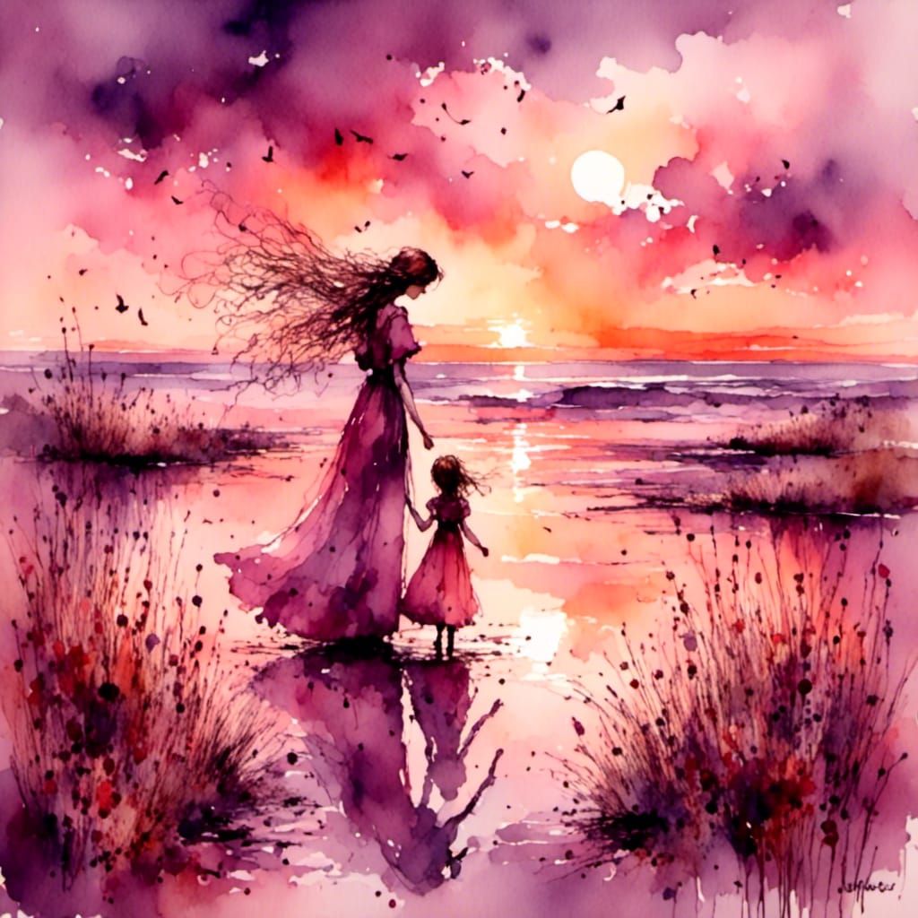 Sunset Portrait of Woman and Daughter