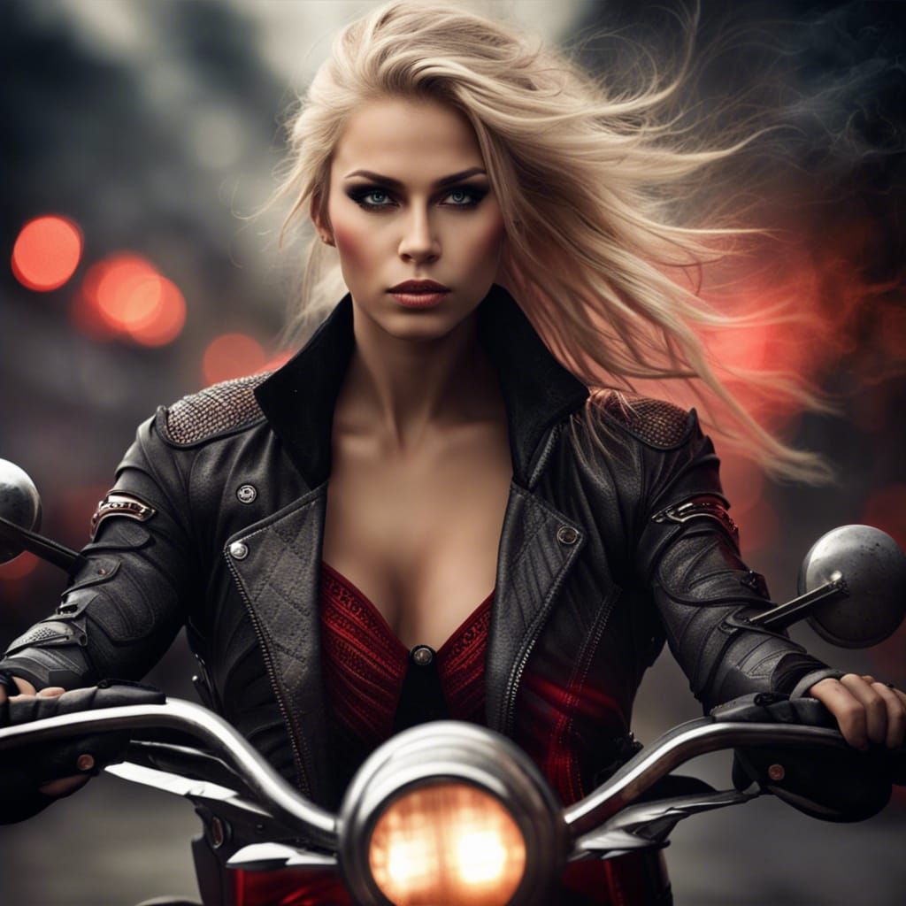 Blonde Motorcyclist in Hellish Cyberpunk Armor