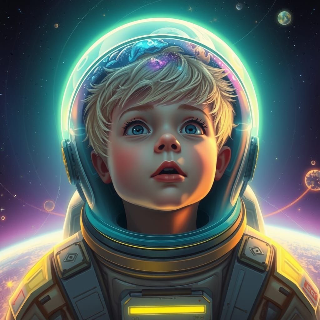 Boy in Astronaut Suit Gazing at Cosmic Aquarium