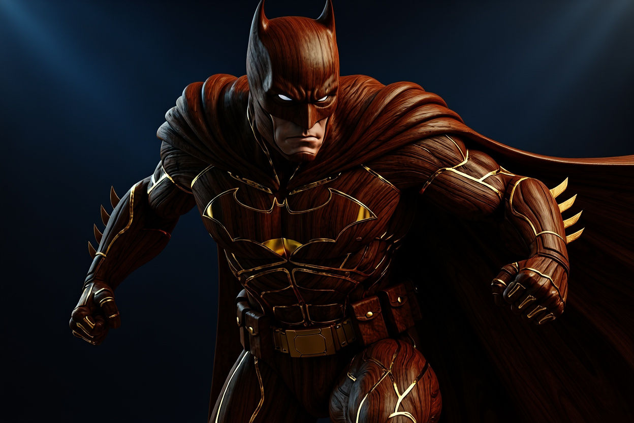 Polished Wood Batman Sculpture with Gold Accents
