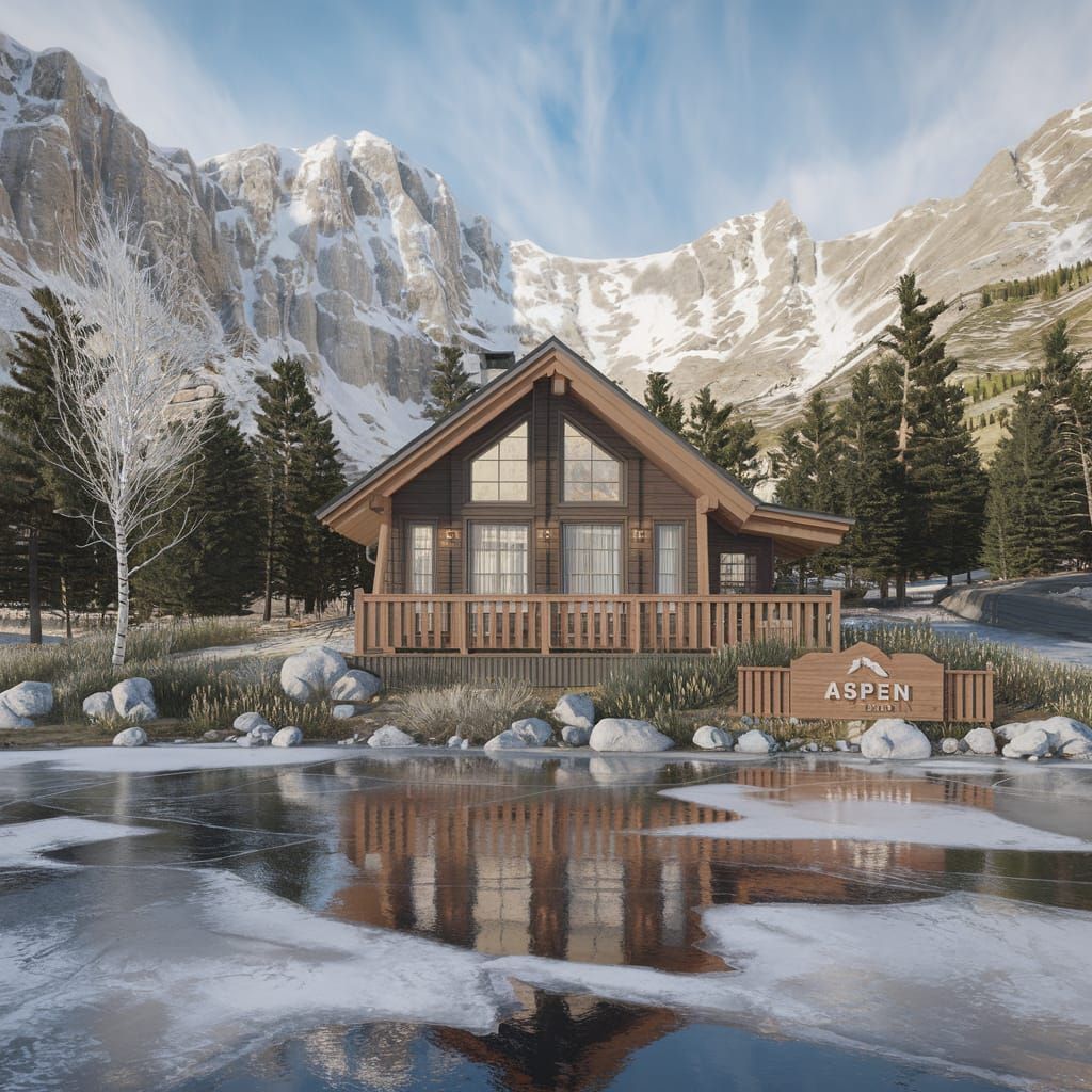 Cozy Mountain Cabin with Frozen Lake in 3D