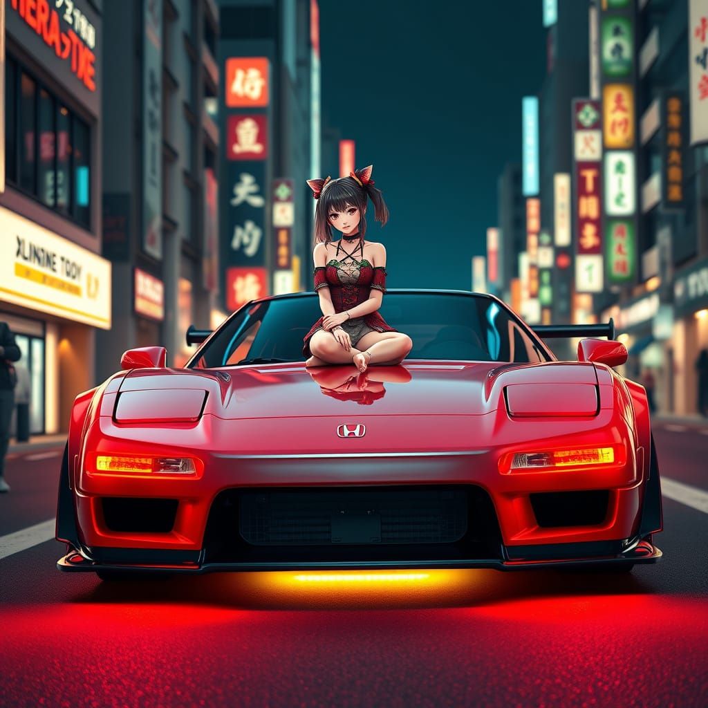 Neon Tokyo Honda NSX with Anime Girl, Digital Art