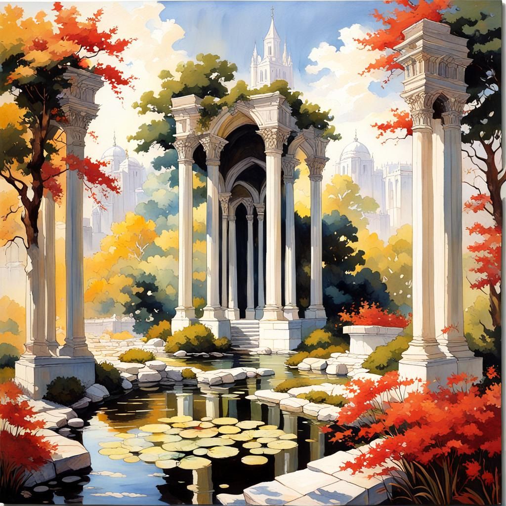 Ethereal Gothic Garden of Towering Pillars and Trees