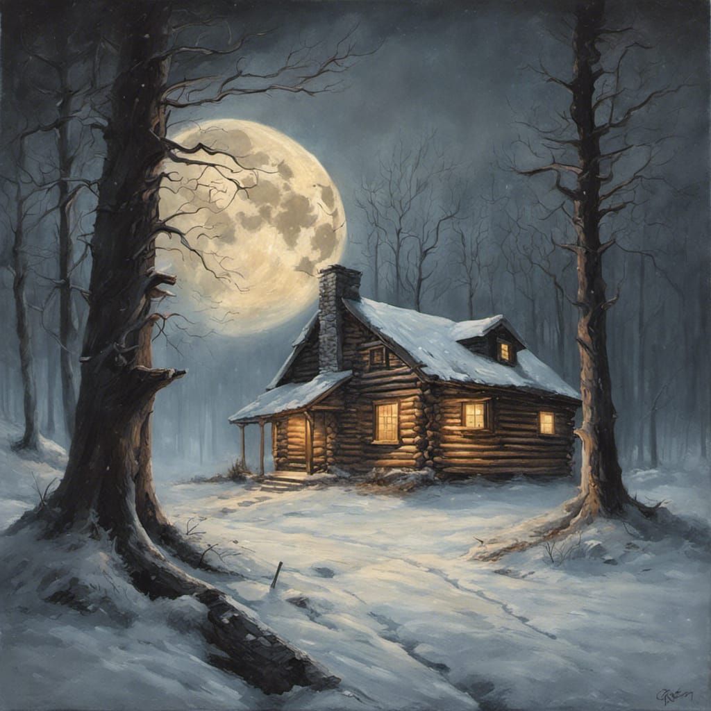 Snowy Cabin with Roaring Fire, Sinister Painting