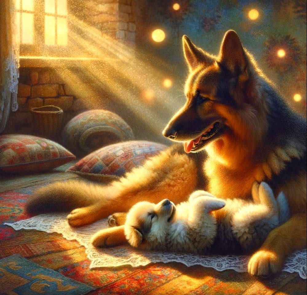 German Shepherd Mother and Pup in Pastoral Style