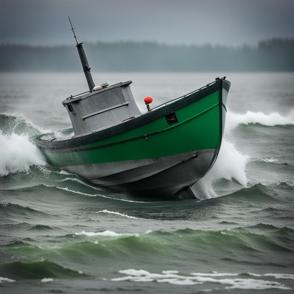 Green Fishing Boat Navigates Storm: Professional Photography