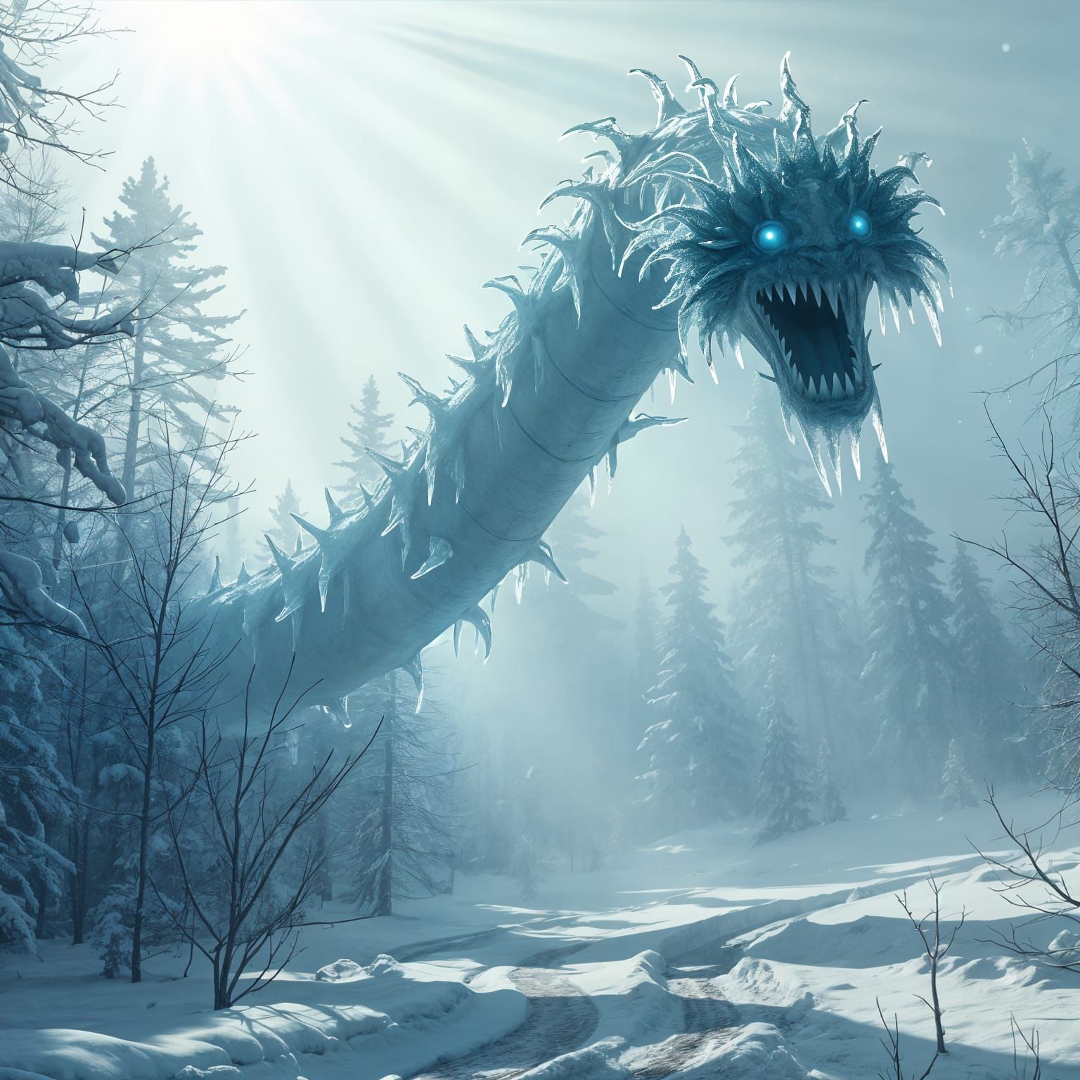 Majestic Ice Hydra in Winter Forest Scene