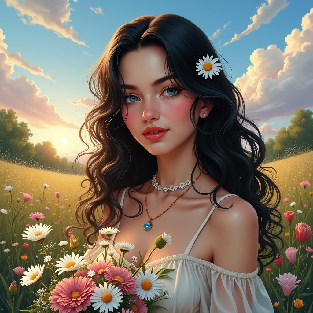 Woman in Wildflower Meadow, Impressionistic Portrait